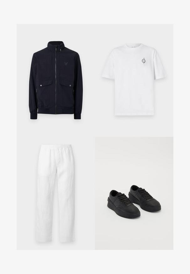 Jūras spēku zippā jaka, izgatavota no viegla auduma ar augstu apkakli, divām priekšējām kabatām un ribotām piedurknēm. Satur diskrētu logotipu uz krūšu.; Bāla kokvilnas t-kreklu ar brīvu piegulšanu, kuram uz kreisā krūšu apvidus ir neliels melns grafiskais logotips. Īsas piedurknes, apaļas kakla izgriezums.; Baltas lina bikses ar elastīgu vidukli, taisniem bikšu galiem un mīkstu tekstūru bez redzamām rakstu zīmēm vai metāla detaļām.; Melnas kedas, izgatavotas no gludas ādas, ar mīkstu zoli. Iespējas ietver plakanu auklu, perforācijas uz pirksta un elegantu siluetu.