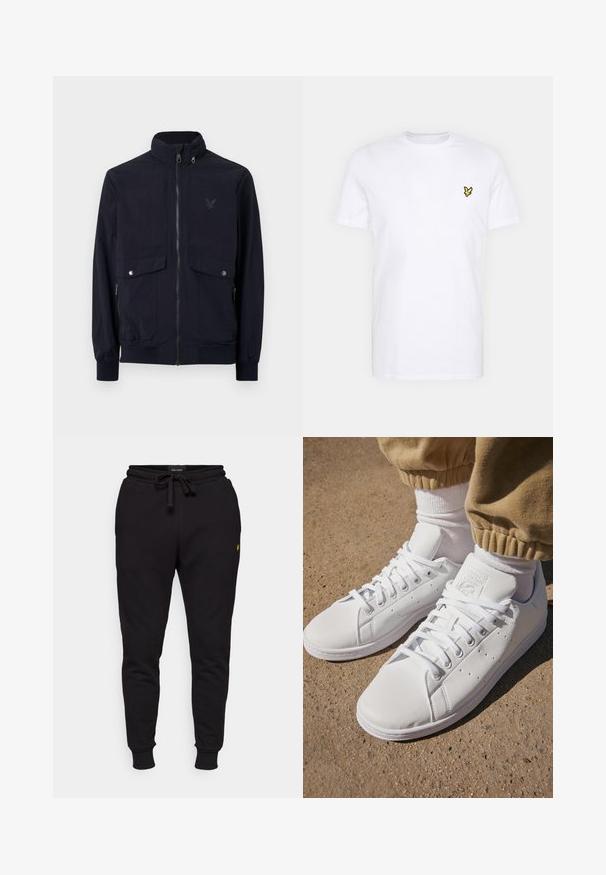 Navy zip-up jacket made of lightweight fabric with a high collar, two front pockets, and ribbed cuffs. Features a subtle logo on the chest.; White cotton T-shirt featuring a small black and yellow embroidered logo on the left chest. Short sleeves and a crew neckline.; Black cotton jogger pants with an elastic waist, drawstring, and ribbed cuffs. Features a small yellow logo on the left thigh.; White leather sneakers with a smooth surface, featuring a classic lace-up design, perforations for breathability, and a textured rubber outsole.