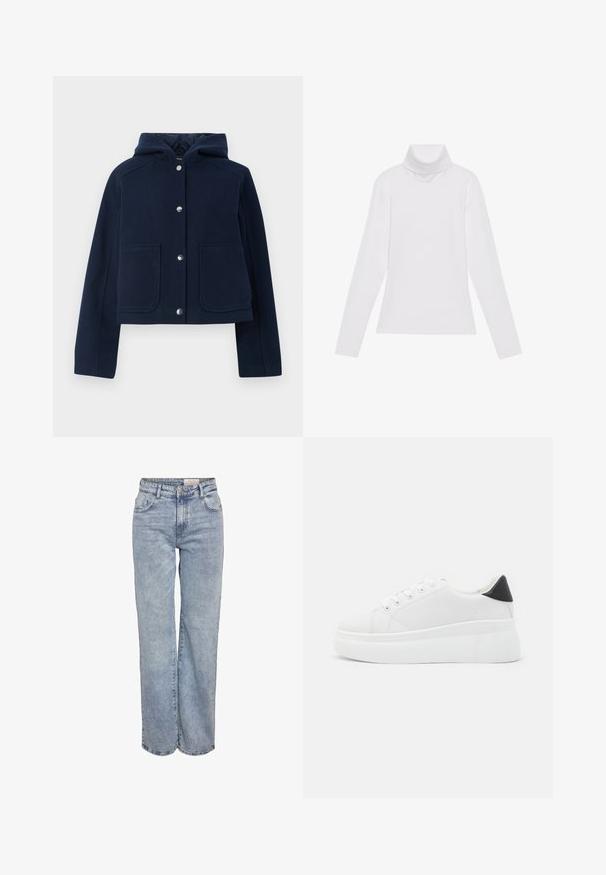 Navy modra jakna s kapuco, dolgimi rokavi, sprednjimi gumbi na pritiskač in dvema velikima sprednjima žepoma, prikazana na belem ozadju.; Bela dolga majica s turtleneck ovratnikom, izdelana iz gladke, raztegljive tkanine. Ima visok ovratnik in prilega telesu, brez vidnih vzorcev ali okrasitev.; Svjetloplave široke traperice od denima, sa visokim strukom, dizajnom s pet džepova i suptilnim blijeđenjem za izgled nakon nošenja.; Bele platform tenisice izdelane iz gladkega sintetičnega materiala, z zaobljenim prstom, sistemom vezalk in teksturiranim gumijastim podplatom. Črn dodatek na peti.