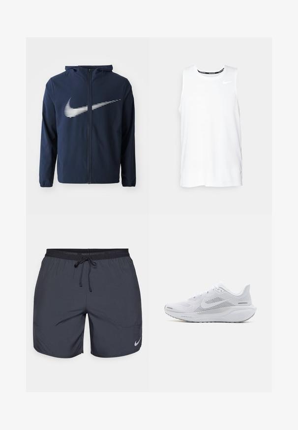 Námornícka Nike bunda so zipsom vpredu, kapucňou a elastickými manžetami. Má výrazné biele horizontálne pruhované logo na hrudi. Hladká textura.; Biele bezrukávové bežecké tričko Nike s okrúhlym výstrihom, hladkým povrchom a čiernym logom Nike na hornej ľavej strane hrudníka.; Běžecké šortky Nike v tmavě šedé barvě, s elastickým pasem a šňůrkou na stažení, a stříbrným logem na spodní části pravé nohavice.; Biele športové topánky s sieťovaným zvrškom, hladkými textúrovanými prekrytiami, šedými akcentmi, šnúrkami a odpruženou podrážkou navrhnutou pre výkon.