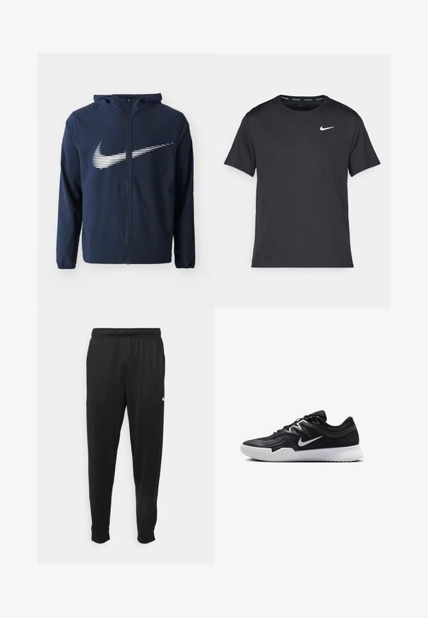 Jachetă Nike de culoare bleumarin, cu fermoar frontal, glugă și manșete elastice. Prezintă un logo alb orizontal proeminent pe piept. Textură netedă.; Tricou de alergare Nike negru, fabricat dintr-un material ușor și respirabil, cu mâneci scurte și un mic logo alb pe piept.; Pantaloni sportivi negri dintr-o țesătură netedă, cu un elastic la brâu, picioare conice și un mic logo alb pe partea stângă.; Pantof sport negru cu un superior texturat, swoosh alb Nike și o tălpică din cauciuc alb. Dispune de un design cu șireturi și o formă dinamică.