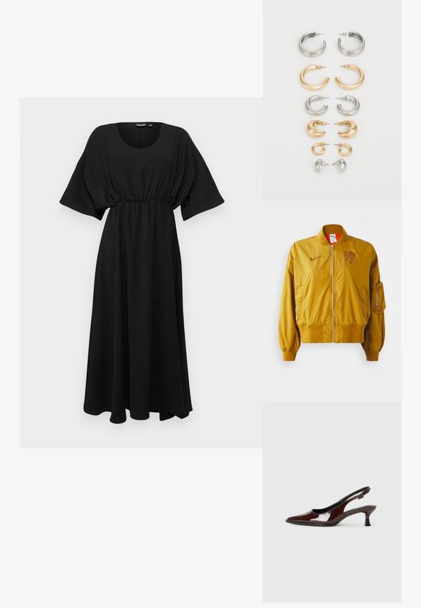 Veste bombardier jaune avec des poignets et un ourlet élastiques, dotée d'une fermeture éclair à l'avant, de poches latérales et d'un détail de logo sur la poitrine.; Robe noire, midi, avec des manches courtes et larges, taille froncée et tissu léger. Elle présente une texture lisse et un décolleté rond simple.; Chaussure slingback en cuir verni marron avec un bout pointu et un talon modéré. Elle est dotée d'une sangle à boucle pour un ajustement sécuritaire. Texture lisse.; Ensemble de huit boucles d'oreilles en métal aux teintes argentées et dorées. Comprend différents styles de créoles, textures et fins, classés par taille.