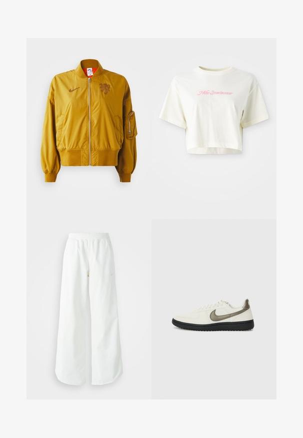 Kollane pommijakk elastsete mansettide ja äärtega, millel on ees tõmblukk, küljetaskud ning logo detail rinnal.; Lühendatud, kreemjas värvi t-särk, mis on valmistatud puuvillast. Omab roosa tikandiga logot, millel on kiri "Nike Sportwear". Lühikesed varrukad ja ümmargune kaelus.; Valged laiad spordipüksid, ribadega vöökoht ja diskreetne logosümbol. Sile kangas, lõdvestatud istuvus ja kitsenev ääreosa.; Nike Sportswear FIELD GENERAL - Tossud - off-white/black