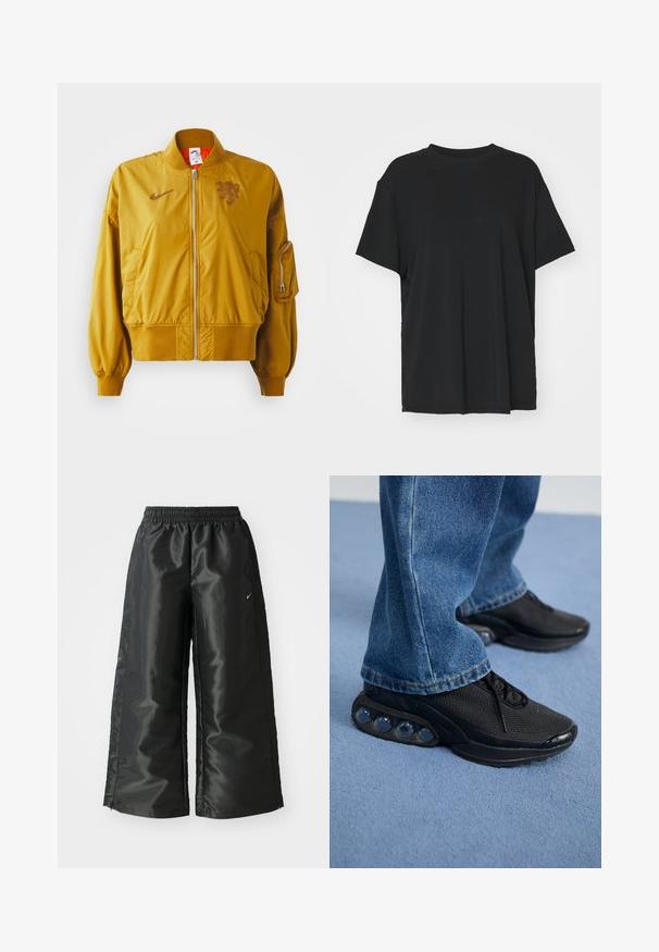 Veste bombardier jaune avec des poignets et un ourlet élastiques, dotée d'une fermeture éclair à l'avant, de poches latérales et d'un détail de logo sur la poitrine.; T-shirt noir à manches courtes en tissu lisse, avec un col ras du cou et une coupe décontractée. Présente des fentes sur les côtés pour plus de confort et de respirabilité.; Pantalons de sport noirs en tissu brillant et lisse, avec une taille élastique, des jambes larges et un petit logo sur le côté gauche.; Baskets de sport noires avec tige en mesh, accents texturés et poches de coussin d'air visibles dans la semelle. Portées avec un jean en denim bleu.