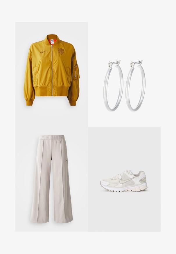 Giacca bomber gialla con polsini e orlo elastici, caratterizzata da una cerniera frontale, tasche laterali e un dettaglio del logo sul petto.; T-shirt accorciato di colore rosa chiaro, realizzato in tessuto morbido. Presenta un collo tondo e maniche corte con un piccolo logo Nike bianco sul petto.; Pantaloni ampi grigio chiaro realizzati in tessuto liscio. Presentano una vita elastica e il logo Nike nero sul lato sinistro.; Scarpa atletica bianca realizzata in materiali in rete e sintetici. Presenta un design testurizzato, colletto imbottito e accenti geometrici sul tallone.; Orecchini a cerchio in argento con una finitura liscia e lucida. Forma rotonda e chiusura a scatto sicura. Design leggero adatto per l'uso quotidiano.