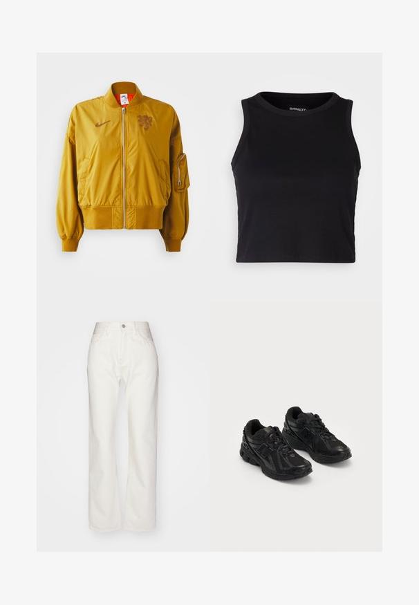 Gelbe Bomberjacke mit elastischen Bündchen und Saum, ausgestattet mit einem Frontreißverschluss, seitlichen Taschen und einem Logodetail auf der Brust.; Schwarzes, geripptes Cropped Tanktop mit rundem Ausschnitt und ärmellosem Design. Hergestellt aus weichem, dehnbarem Material, mit sauberen, gekettelten Kanten.; Weiße Denim-Hosen mit hoher Taille und weit geschnittenem Bein. Mit einem Knopf- und Reißverschluss, Gürtelschlaufen und dezenten Nähten.; Schwarze Sportschuhe aus Mesh- und synthetischen Materialien. Sie verfügen über eine gepolsterte Sohle, strukturierte Muster und geprägte Markenzeichen an der Seite.