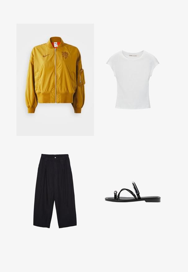 Žltá bombar jacket s elastickými manžetami a lemom, s predným zipsom, bočnými vreckami a detailom loga na hrudníku.; Biela bavlnená tričko s okrúhlym výstrihom, krátkymi rukávmi a priliehavým strihom. Hladká textúra bez vzorov alebo ozdôb.; Čierne polyesterové culotte nohavice s elastickým pásom, dvoma prednými záhybmi a voľným strihom. Žiadne viditeľné vzory ani detaily z kovu.; Čierne ploché sandále s lesklým povrchom, tromi tenkými popruhmi a okrúhlou kovovou ozdobou na prste. Elegantný dizajn s minimálnym podpätkom.