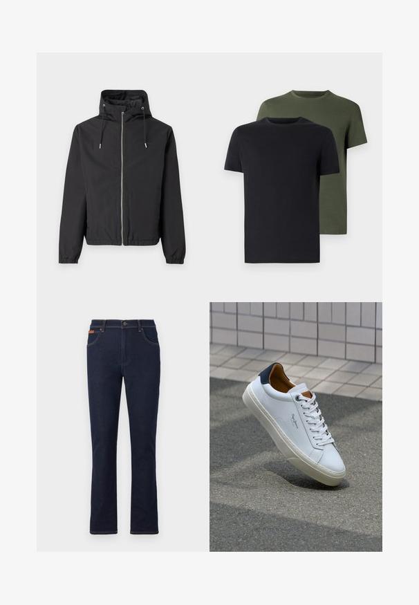 Črna lahka jakna z visokim ovratnikom, celotnim zadrgo in kapuco na vrvico. Mehka tkanina, elastični manšeti in sproščen kroj.; Dve majice s okroglim izrezom v črni in olivno zeleni barvi, narejene iz mehkega bombažnega materiala. Oblikovanje je preprosto, z kratkimi rokavi in ravnim krojem.; Temno modri jeans hlače s ravnim krojem, z oranžnim šivom, petimi žepi in gumbom za zapiranje v pasu.; Beli usnjeni čevelj s plavo peto, okrogelimi prsti in kontrastnimi rjavimi detajli. Ima ravne vezalke in teksturiran gumijast podplat.
