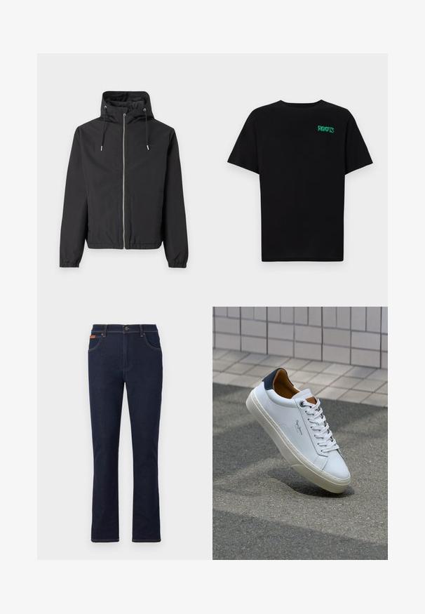 Veste légère noire avec un col haut, une fermeture éclair complète et une capuche avec cordon de serage. Tissu doux, poignets élastiques et coupe décontractée.; T-shirt noir en coton à manches courtes. Présente un logo "ROOTS" vert sur le devant, un col rond et une coupe standard.; Jeans en denim bleu foncé avec une coupe droite, ornés de coutures orange, de cinq poches et d'une fermeture à bouton à la taille.; Sneaker en cuir blanc avec un talon bleu marine, bout rond et accents marron contrastés. Dispose de lacets plats et d'une semelle en caoutchouc texturée.