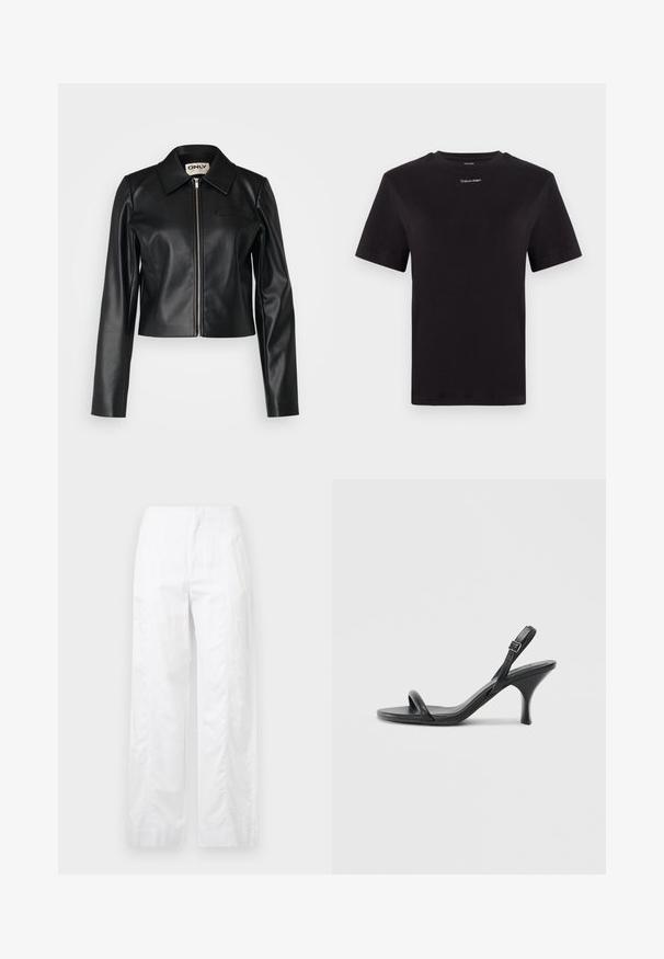 Melnas ādas īsās jakas ar apkakli, priekšējo rāvējslēdzēju un garām piedurknēm. Iekļauj mazu krūšu kabatu un gludu tekstūru.; Melna kokvilnas T-kreklu ar īsām piedurknēm, apaļu kakla izgriezumu un nelielu baltu "Calvin Klein" logotipu krūtīs. Gluda tekstūra, klasiskā piegriezuma.; Baltas, plaša kāju bikses, izgatavotas no viegla auduma, ar gludu tekstūru, tīrām līnijām un augstu jostasvietu.; Melnas ādas augstpapēžu sandales ar plānu, izliekta formas papēdi un krustenisku siksnu dizainu. Regulējama potītes siksna. Gluda tekstūra.