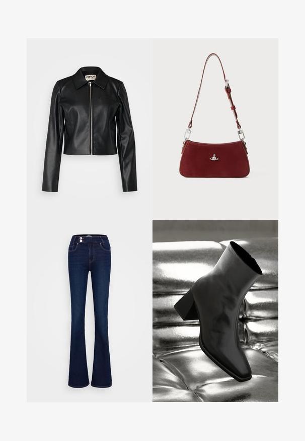 Veste en cuir noir courte avec col, fermeture éclair à l'avant et manches longues. Possède une petite poche poitrine et une texture lisse.; Trois T-shirts ajustés en blanc, gris et noir. Chacun présente un décolleté large et des manches courtes. Fabriqués en tissu lisse et extensible.; Jean bleu foncé évasé avec une taille haute, deux poches avant et deux fermetures à bouton. Fabriqué en denim avec une texture lisse.; Botte noire à la cheville en matériau brillant avec un bout carré et un talon effilé, sur un fond argenté brillant et capitonné.; Sac à épaule en daim rouge avec une forme incurvée. Présente un accent en métal argenté et une bandoulière réglable avec des détails en quincaillerie. Texture lisse.