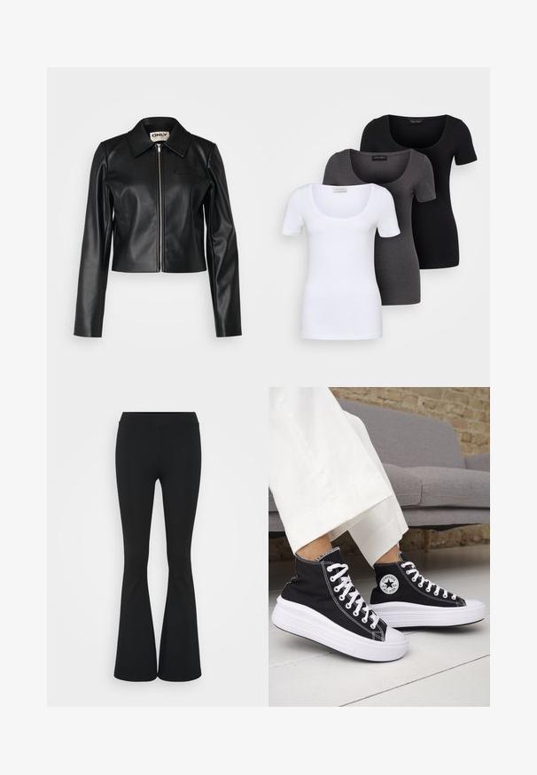 Sacou scurt din piele neagră, cu guler, fermoar frontal și mâneci lungi. Are un mic buzunar pe piept și o textură netedă.; Trei tricouri ajustate, în alb, gri și negru. Fiecare are un decolteu larg în formă de cerc și mâneci scurte. Fabricate dintr-un material neted și elastic.; Pantaloni negrii evazați dintr-un material elastic, având un talie înaltă și o textură netedă. Pantalonii se lărgesc de la genunchi.; Adidași negri înalți cu tălpi și șireturi albe din cauciuc. Prezintă o pată logo rotundă și cusături albe contrastante. Material din pânză.