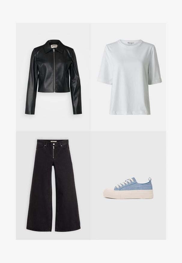 Black leather cropped jacket with a collar, front zipper, and long sleeves. Features a small breast pocket and smooth texture.; White short-sleeve t-shirt with a crew neck. Made of soft fabric, featuring a relaxed fit and subtle stitching details.; Wide-leg jeans in black denim with a zippered front, five-pocket design, and subtle stitching details. Smooth texture and casual style.; Light blue canvas sneakers with a cream rubber toe cap and outsole, featuring white laces and a pull tab on the heel.