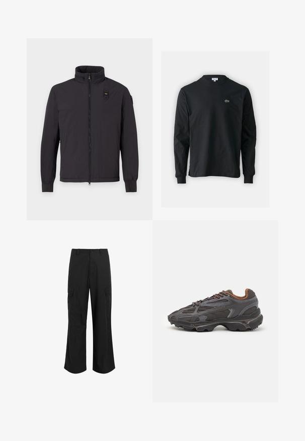 Jachetă ușoară, de culoare neagră, cu guler înalt, fermoar frontal și două buzunare laterale. Are un mic patch cu logo pe piept și manșete elastice.; Tricou negru cu mânecă lungă, realizat din bumbac, cu un guler rotund și un mic logo brodat cu un crocodil verde pe partea stângă a pieptului.; Pantaloni cargo negri dintr-un material ușor, cu o croială relaxată, două buzunare laterale mari și închidere cu nasture.; Adidași Lacoste de culoare gri închis, din material mesh și sintetic, cu o talpă texturată și accente maronii pe guler și branding.
