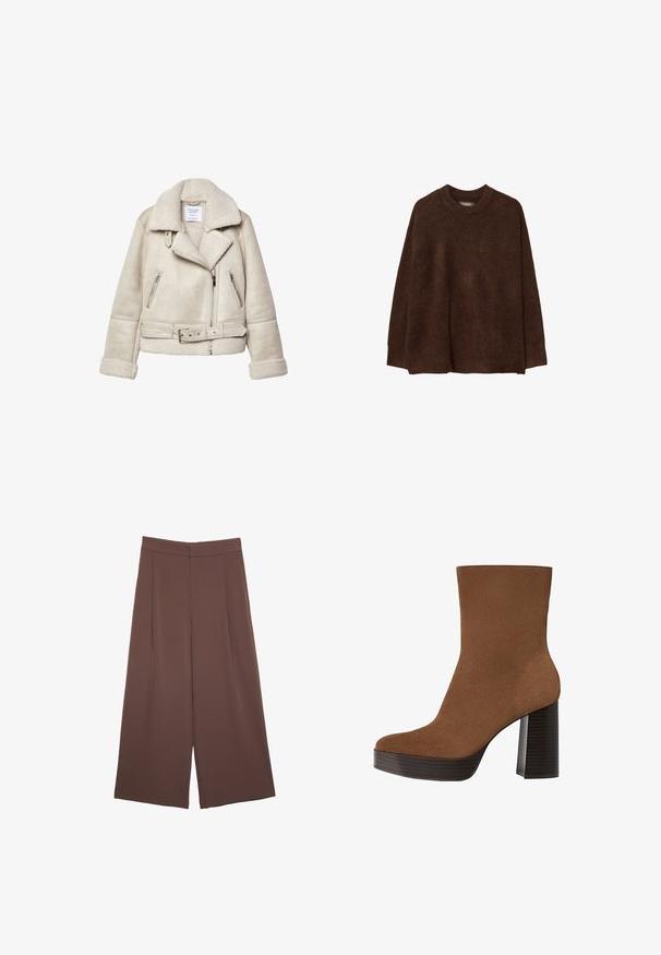 Krämfärgad shearlingjacka med bred krage, dragkedjefickor och bälte i midjan. Har texturerad tyg och mjukt foder.; Brun stickad tröja med rund halsringning, sänkt axel och avslappnad passform. Texturen ser mjuk och fluffig ut, vilket ökar värmen.; Bruna vida byxor med en slät textur, som har hög midja och framfickor. Tyget är lätt och flödar löst.; Brun mockaskinnsankleboot med rund tå, chunky svartrandig klack och en slät yta. Har en figurnära design utan synlig hårdvara.