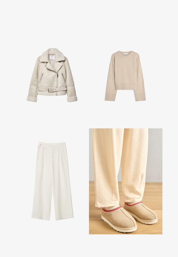 Veste en shearling couleur crème avec un large col, des poches zippées et une taille ceinturée. Elle possède un tissu texturé et une doublure douce.; Pull en beige court en tricot doux. Présente un col rond, des manches longues et des bords-côtes aux poignets et à l'ourlet pour une texture supplémentaire.; Pantalons larges en tissu blanc cassé avec une texture lisse. Dotés d'une taille nouée et d'un devant plissé, conçus pour un ajustement décontracté.; Sabots en suède beige clair avec une bordure décorative rouge et une semelle en caoutchouc blanc, associés à un pantalon beige clair, posés sur un sol en bois.