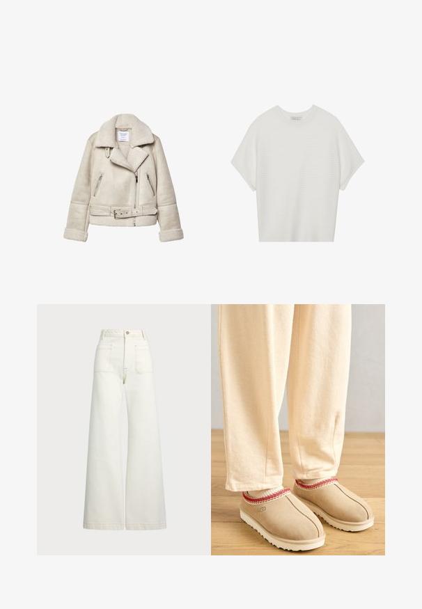Cremfarbener Schaffelljacke mit weitem Kragen, Reißverschlusstaschen und Taillengürtel. Verfügt über strukturierte Stoffe und ein weiches Futter.; Weißes T-Shirt mit kurzen Ärmeln, weitem Rundhalsausschnitt und strukturiertem Rippenmuster, aus weichem Stoff, mit legerer Passform und einem klaren Design.; Weite Jeans aus off-white Denim. Hoch tailliertes Design mit Knopfverschluss, zwei Fronttaschen und kontrastierenden Stickdetails.; Beige Wildlederschuhe mit rotem dekorativem Rand und weißer Gummisohle, kombiniert mit hellbeigen Hosen, auf einem Holzboden.