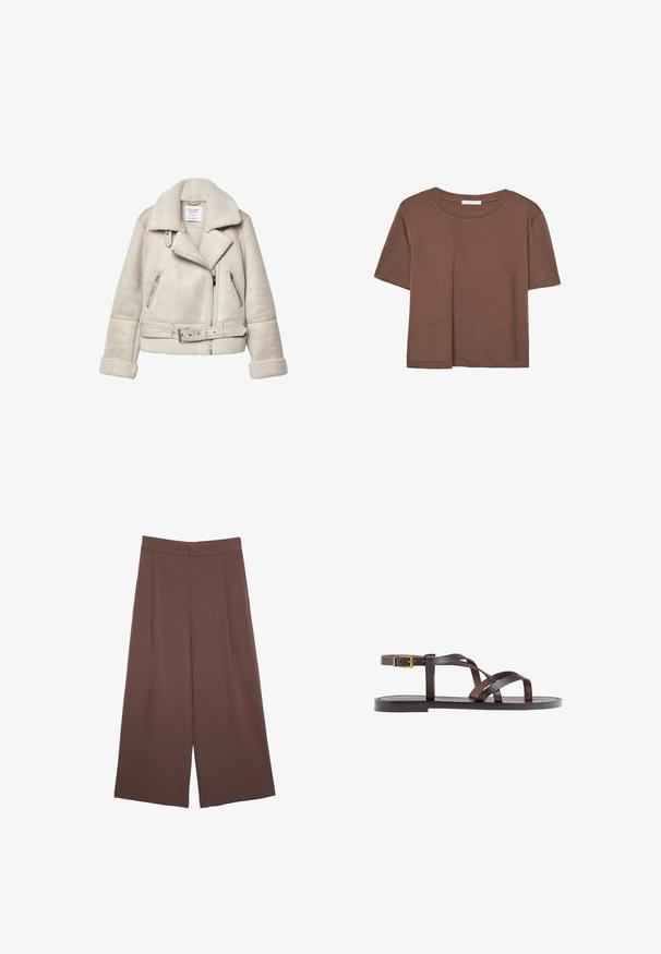 Cremfarbener Schaffelljacke mit weitem Kragen, Reißverschlusstaschen und Taillengürtel. Verfügt über strukturierte Stoffe und ein weiches Futter.; Braunes, kurzärmliges T-Shirt aus weichem Material mit rundem Halsausschnitt und lockerer Passform. Keine sichtbaren Muster oder Akzente.; Braune Weite-Leg-Hosen mit einer glatten Textur, hoher Taille und Vorderfalten. Der Stoff ist leicht und fällt locker.; Braune Leder-Sandale mit überkreuzten Riemen, einem Knöchelriemen mit Schnalle und einer flachen Sohle mit minimalen Nähdetails.
