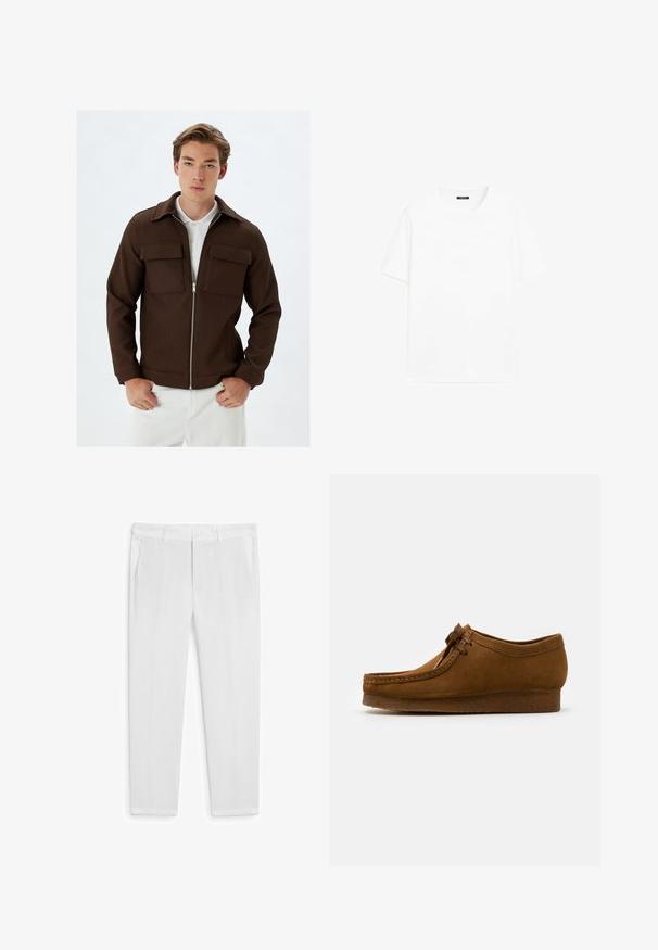 Brun ribbad jacka med dragkedja fram, två bröstfickor och krage. Matchad med vita byxor, som visar upp textil med struktur och skräddarsydd passform.; Vit bomull t-shirt med kort ärm, rund halsringning och rak skärning. Slät textur utan synliga mönster eller detaljer.; Vita linbyxor med rak skärning, utrustade med två framfickor och knappstängning. Slät textur, inga synliga mönster eller accenter.; Bruna mockaskor med rund tå och låg klack, detaljerad sömnad längs sömmarna och snörning framtill. Mjuk textur med strömlinjeformat design.