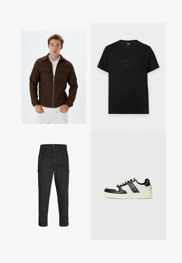 Ruskea ribbitekoinen takki, jossa on vetoketju edessä, kaksi rintataskua ja kaulus. Yhdistetty valkoisiin housuihin, jotka näyttävät tekstuuriltaan ja istuvat hyvin.; Mustat puuvillapaitat lyhyillä hihoilla ja pyöreällä kaula-aukolla. Edessä on tonalisessa kirjonnassa "ORIGINALS Studio".; Mustat cargo-housut, jotka on valmistettu kestävästä kankaasta. Housuissa on useita taskuja, nappisulku ja kapea istuvuus, jossa on kapenevat lahkeet.; Nahkakengät musta-kerma värimaailmassa, joissa on rei'itetyt yksityiskohdat, pehmustettu nilkkaosa ja teksturoitu pohja.