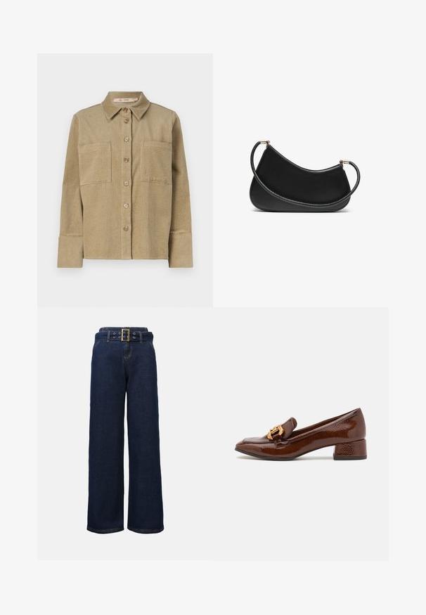 Beżowa kurtka koszulowa z korduroyu z guzikami z przodu, dwoma kieszeniami na piersi i kołnierzykiem. Posiada teksturowany żebrowany wzór i długie rękawy z mankietami.; Biała bluzka z długim rękawem wykonana z gładkiego materiału, z wiązaniem przy szyi i dopasowanymi mankietami. Prosty, klasyczny design bez wzorów.; Ciemnoniebieskie dżinsowe spodnie szerokie w nogawkach z haftowanymi kieszeniami i pasującym paskiem z dużą prostokątną złotą klamrą.; Brązowe skórzane loafersy o błyszczącym wykończeniu, z dekoracyjnym złotym zapięciem z przodu i niskim obcasem. Klasyczny design.; Czarna skórzana torba na ramię o zaokrąglonym designie, z teksturowanym paskiem i złotymi akcentami przy górnym zapięciu. Gładkie wykończenie.; Złoty zestaw biżuterii, w skład którego wchodzi naszyjnik warstwowy z zawieszką w kształcie kropli oraz pasujące kolczyki-stud w polerowanym wykończeniu.