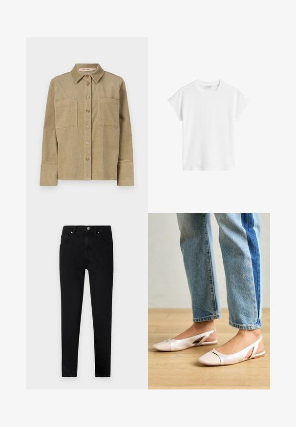 Beige corduroy shirt jacket with button front, two chest pockets, and a collar. Features a textured ribbed design and cuffed long sleeves.; White short-sleeve t-shirt made of cotton. Features a relaxed fit with a crew neckline and slightly dropped shoulder seams. No patterns or accents.; Black denim jeans with a slim fit, featuring a front button closure, belt loops, and classic five-pocket design. Smooth texture.; Pale pink slingback flats with a pointed toe, made from a smooth leather-like material. Features cut-out details at the sides and a flat heel.