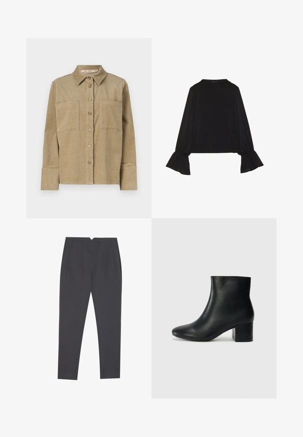 Beige bársonyos ingdzseki gombos elülső résszel, két mellzsebbel és gallérral. Jellemzője a texturált bordázott dizájn és a megkötött hosszú ujjúujjak.; Fekete, hosszú ujjú felső, harang alakú mandzsettákkal, puha textúrával és laza szabással, egyszerű, kerek nyakkivágással.; Sötétszürke, oldalzsebbel és elülső redőkkel ellátott, tapered fazonú nadrág, testhezálló szabással.; Fekete bőr bokacsizma hegyes orral és vastag sarokkal. Sima felület minimális díszítéssel és karcsú, passzos kialakítással.