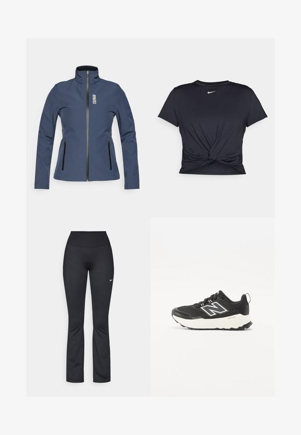 Tumedan pehmest geeljak, kõrge kraega, ees lukuga ja kahe külglukuga. Vasakul ülal nurgas "COLMAR" logo.; Mustmust musta sportlik T-särk, mis on valmistatud sujuvast kangast, millel on sõlmega esikülg ja väike valge Nike logo rinnal.; Mustad spordipüksid kõrge vöökohaga, valmistatud siledast ja venivast kangast. Vasakul reiel on väike valge Nike logo.; Mustad mustree jalatsid tekstuuriga kangast ülemise osaga, kontrastse valge vaheosaga ja silmapaistva halli logoga küljel. Kummist tallad haardega.