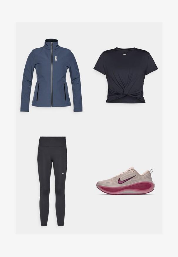 Navyblaue Softshelljacke mit hohem Kragen, Frontreißverschluss und zwei seitlichen Reißverschlüssen. Mit "COLMAR"-Logo auf der oberen linken Seite.; Schwarzes Sport-T-Shirt aus glattem Stoff, mit einem geknoteten Vorderdesign und einem kleinen weißen Nike-Logo auf der Brust.; Schwarze Leggings aus elastischem Stoff, mit einem hohen Bund und einem weißen Nike-Logo auf dem linken Oberschenkel. Glatte Textur, figurbetontes Design.; Nike ZoomX Laufschuh in hellem Beige mit strukturiertem Obermaterial, geschwungenem rosa Zwischensohlendesign und lila Akzenten auf dem Logo und der Außensohle.