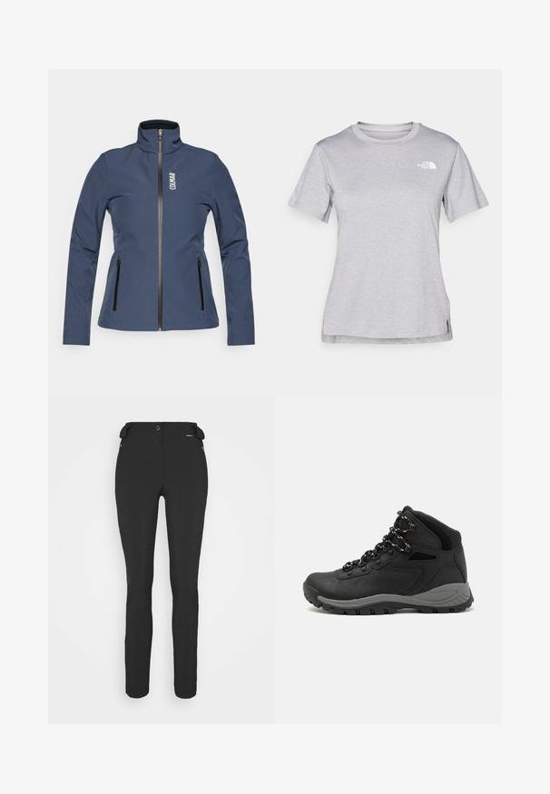 Jachetă din softshell de culoare bleumarin, cu guler înalt, fermoar frontal și două ferme zippere laterale. Dispune de logo-ul "COLMAR" în partea stângă sus.; Tricou scurt cu mânecă gri, fabricat dintr-un material moale, care absoarbe umezeala. Are un guler rotund și un mic logo alb în partea stângă sus.; Pantaloni negri, ajustați, confecționați dintr-un material flexibil. Caracteristici includ un buzunar cu fermoar pe lateral, genunchi articulați și o textură netedă.; Botă de drumeție neagră cu un design mediu, având un material texturat, accente gri și o talpă din cauciuc durabilă cu crampoane pentru aderență.