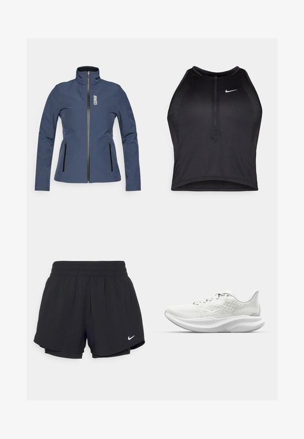 Mornarsko modra softshell jakna z visokim ovratnikom, sprednjim zipom in dvema stranskima žepoma z zadrgo. Na zgornji levi strani je logotip "COLMAR".; Črn atletski kratki top z zadrgo spredaj, mrežastimi dodatki in prilegajočim dizajnom. Narejen iz raztegljivega, zračnega materiala. Logotip Nike spredaj.; Črne športne pantalone z nabranim elastičnim pasom, notranjo podlogo in belim Nike logotipom na spodnji levi strani. Gladka, lahka tkanina.; Bele športne čevlje v beeli barvi z teksturirano zgornjimi deli, zasnovo na vezalke in oblazinjeno podplatom z valovito profilom. Diskretna blagovna znamka na strani.
