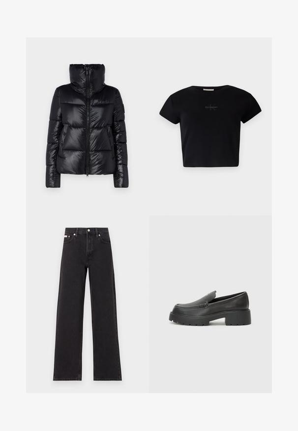 Save the duck ISLA - Giacca invernale - black; Top corto a maniche corte nero a costine realizzato in materiale morbido, con un sottile logo Calvin Klein al centro. Design semplice e classico.; Jeans neri a gamba larga in denim, con vita alta, styling a cinque tasche e chiusura con bottone metallico e cuciture a contrasto.; Mocassini in pelle nera con punta arrotondata, suola spessa e testurizzata, e minime cuciture. Design elegante senza lacci o parti metalliche visibili.