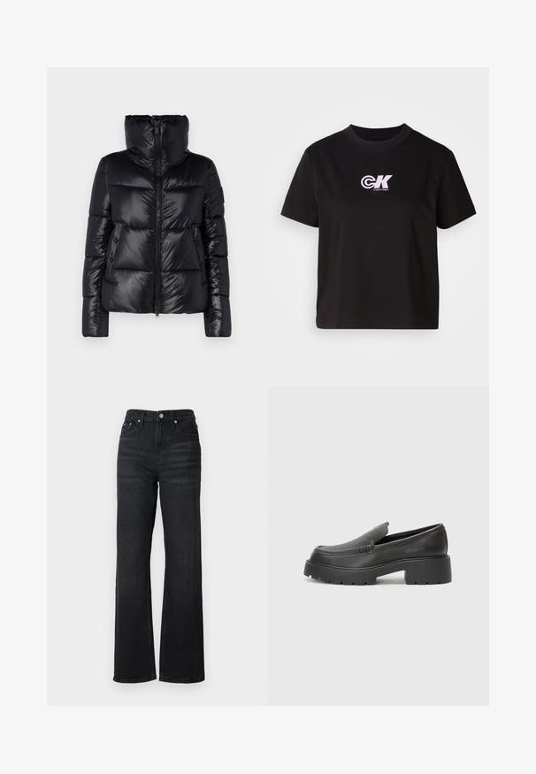 Save the duck ISLA czarny; Czarna bawełniana koszulka z okrągłym dekoltem i krótkimi rękawami. Posiada biało-różowe logo "CK" na górnym lewym obszarze klatki piersiowej.; Czarne dżinsy o szerokich nogawkach i wysokim stanie, pięć kieszeni w projekcie oraz srebrny metalowy guzik. Materiał ma gładką teksturę i delikatny stretch.; Czarne skórzane mokasyny z zaokrąglonym noskiem, grubą fakturowaną podeszwą oraz minimalnymi detalami szycia. Elegancki design bez widocznych sznurowadeł czy elementów metalowych.