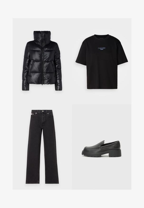 Save the duck ISLA - Ziemas jaka - black; Melna kokvilnas T-kreklu ar apaļu kaklu, īsām piedurknēm un zilu izšūtu "Calvin Klein JEANS" logo priekšpusē.; Melni platmalu džinsi, kas izgatavoti no denima, ar augstu vidukli, piecu kabatu dizainu un metāla pogas aizdari ar kontrastējošu šuvumu.; Melnas ādas mokasīni ar noapaļotu purngalu, biezs teksturēts zoles un minimālas dūriena detaļas. Gluds dizains bez redzamām auklām vai metāla elementiem.