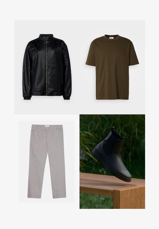 Sort bomberjakke laget av satinvare, med høy krage, glidelås foran, elastiske ermer og sidelommer.; En enkel olivgrønn T-skjorte med korte ermer og rund hals, med en synlig hvit merkeetikett ved halsen, vist på en hvit bakgrunn.; Lys grå bomullsbukser med elastisk midje, to sidelommer, rett ben-design og en jevn tekstur. Enkle sømdetaljer.; Svart lær ankelstøvel med elastiske sidepaneler, glatt tekstur, avrundet tå og flat såle, plassert over et trebord mot frodig vegetasjon.
