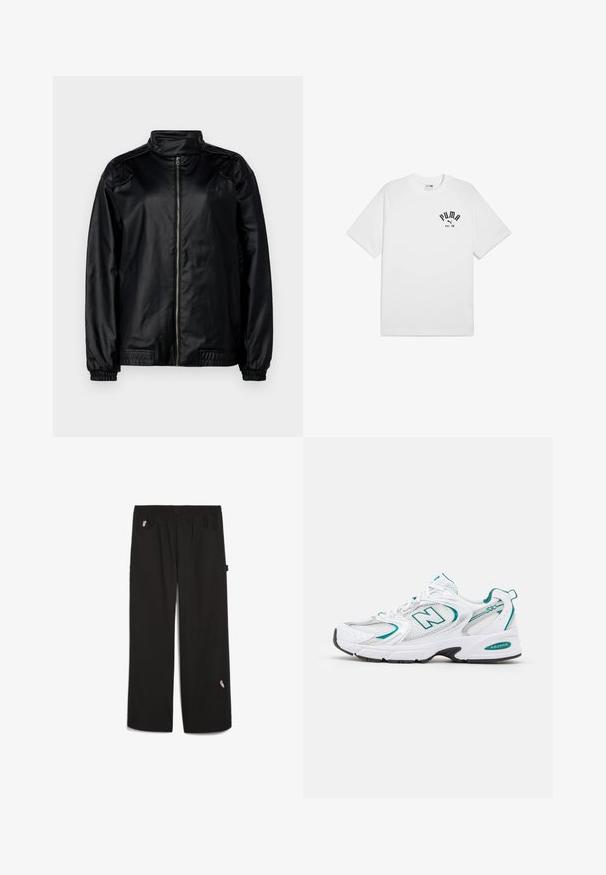 Juodas bombonešio tipo džemperis, pagamintas iš satino panašios medžiagos, su aukštu apykakle, priekiu užtraukiamu užtrauktuku, elastingomis rankovėmis ir šoninėmis kišenėmis.; Balta medvilninė trumpomis rankovėmis marškinėliai su apvaliu iškirpimu, ant krūtinės turintys juodą atspaudo logotipą. Paprastas, klasikinių dizainas.; Juodos kelnės su elastinga juostele, dviem priekinėmis kišenėmis ir maža siuvinėta detale ant apatinės kojos. Pagaminta iš lengvos medžiagos.; Balti sportiniai batai su tinklelio ir sintetinių medžiagų detalėmis, turkio akcentais, apvaliu pirštu, raišteliais priekyje ir juodu guminiu padu.
