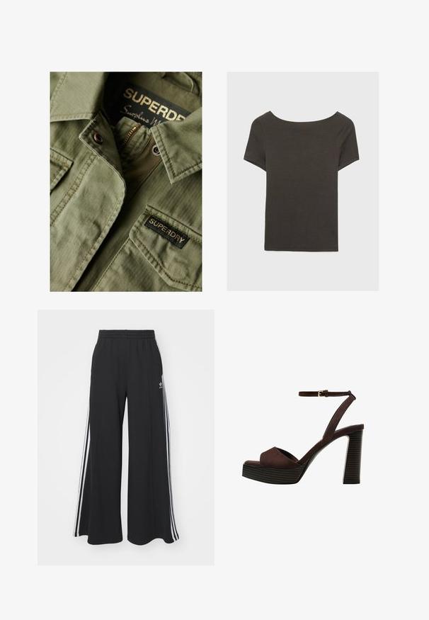 Olivgrüne Jacke aus strukturiertem Stoff, mit einem Reißverschluss und einem Patch mit dem "SUPERDRY"-Label. Verfügt über einen Kragen und Knopfdetails.; Dunkelgraues Kurzarmoberteil mit Bootsausschnitt. Hergestellt aus geripptem Stoff, mit lockerer Passform und sauberem Saum. Einfaches Design, ohne Muster.; Schwarze weite Sweatpants mit elastischem Bund, versehen mit weißen Seitestreifen und einem gestickten Logo auf dem linken Oberschenkel.; Braune Wildleder-Pumps mit offenem Zeh, verstellbarem Knöchelriemen und gestreiftem Plateausohlen.