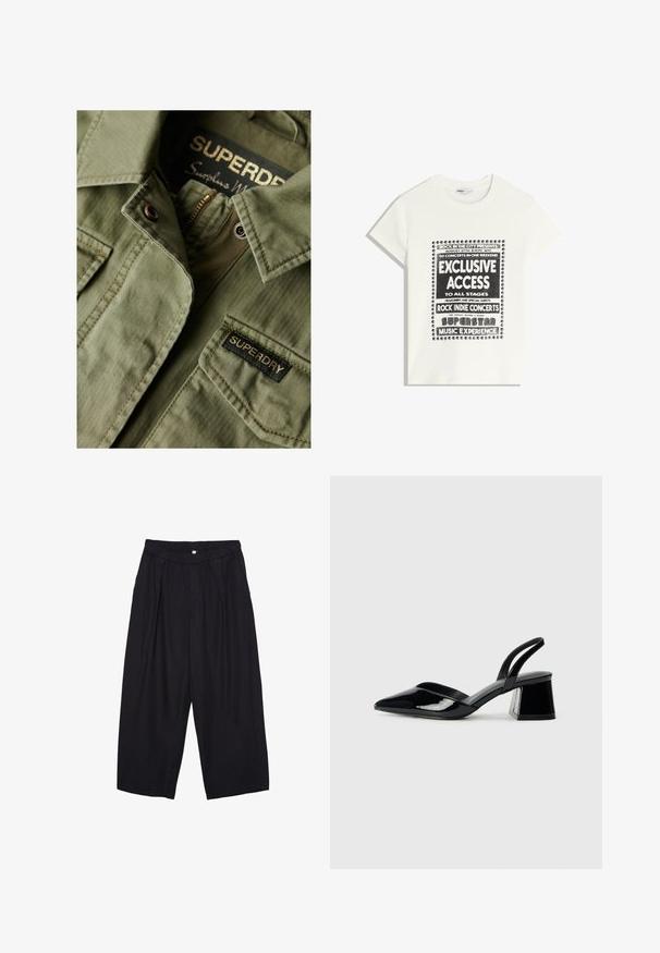 Olive green jacket made of textured fabric, featuring a zip closure and a patch with "SUPERDRY" label. Has a collar and button details.; White t-shirt with black text promoting a music event, featuring "Exclusive Access," "Rock Indie Concerts," and "Superstar Music Experience."; Black polyester culotte pants with an elastic waistband, two front pleats, and a loose silhouette. No visible patterns or hardware details.; Black patent leather slingback heels with a pointed toe and a geometric block heel. Features a sleek, minimal design and smooth texture.