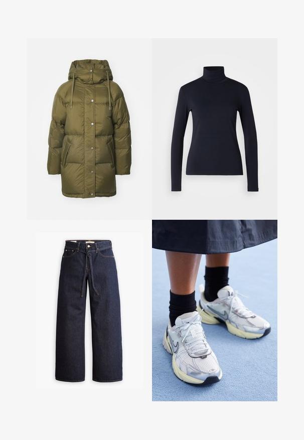 Giacca puffer imbottita verde oliva con cappuccio, chiusura con bottoni a pressione e due tasche frontali. Tessuto morbido e liscio con design trapuntato.; Maglione a collo alto blu navy a maniche lunghe. Realizzato in tessuto morbido con una texture liscia. Presenta un design aderente e un alto collo senza cuciture visibili.; Jeans in denim scuro a gamba larga con vita alta, dotati di un laccio, cinque tasche e dettagli di cucitura a contrasto.; Nike sneakers bianchi e argento con tessuto in rete, dettagli riflettenti e suola beige. Indossati con calze nere, in piedi su una superficie blu.