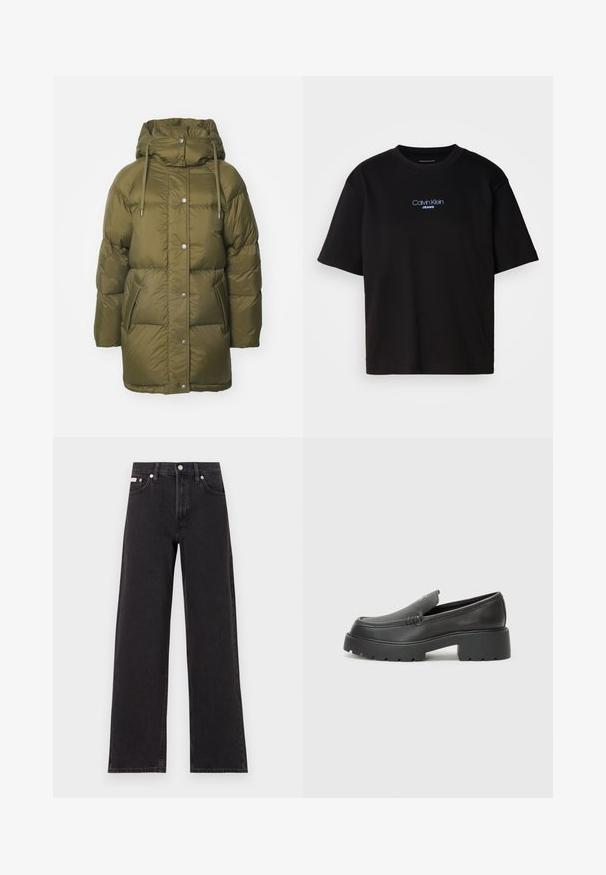 Veste matelassée en vert olive avec capuche, fermeture à pression et deux poches avant. Texture douce et lisse avec un motif matelassé.; T-shirt en coton noir avec un col rond, des manches courtes et un logo brodé bleu "Calvin Klein JEANS" sur le devant.; Jeans noirs à jambes larges en denim, avec une taille haute, une coupe à cinq poches et une fermeture à bouton en métal avec des coutures contrastantes.; Mocassins en cuir noir avec un bout arrondi, une semelle épaisse et texturée, et des détails de couture minimalistes. Design épuré sans lacets ni métal visibles.