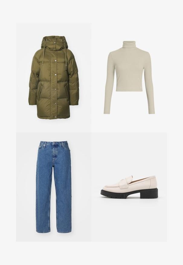 Olivno zelena podložena puf jakna s kapuco, z gumbom za zapiranje in dvema sprednjima žepoma. Mehka, gladka tekstura s prešitim dizajnom.; Svetlo bež rebrast turtleneck dolg rokav top z oprijetim dizajnom in visokim ovratnikom. Ima subtilno oznako logotipa na robu. Gladka tekstura.; Svijetloplave traperice s visokim strukom, ravnih nogavica, pet džepova i malo izblijedjelom teksturom. Zatvaranje s zakovicom i gumbom.; Svetlo bež usnjeni loaferji z šivanim sprednjim delom in teksturiranim črnim podplatom. Imajo ukrivljen dizajn in drobno dvigovanje.