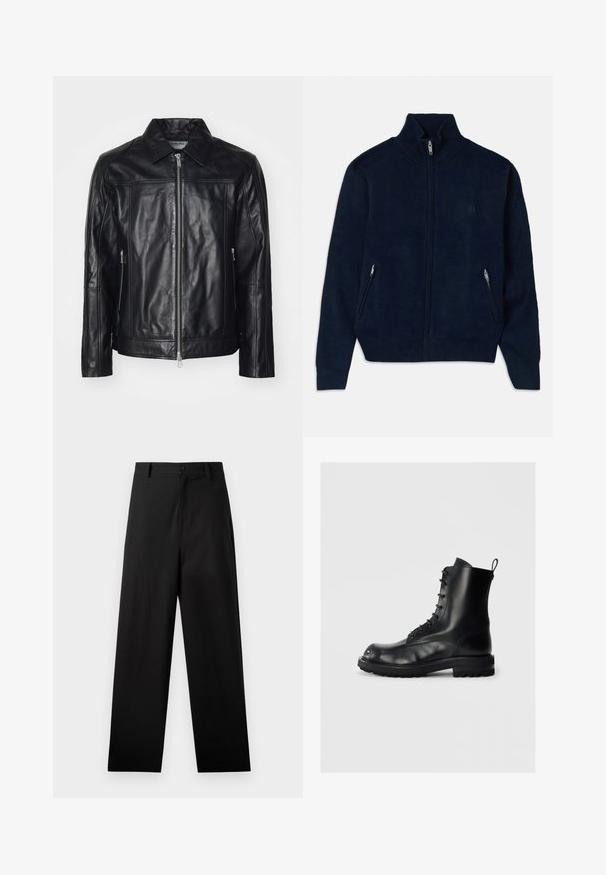 Iceberg GIUBBOTTO - Nahkjakk - nero; Tumesinine lukuga sviiter kõrge kraega, kahe küljetaskuga lukuga ja sileda tekstuuriga kangas. Rindkere piirkonnas on tagasihoidlik logo.; Must mustadrik, pikk käistega t-särk, mis on valmistatud puuvillast, uhke ümmarguse kaelusega ja lihtsa disainiga, ilma nähtavate mustrite või kaunistusteta.; Mustriga mustad puuvillased püksid sirge jala disainiga, ees nupuga kinnitamine ja küljetaskud. Sile tekstuur, mustriteta.; Mustmust mustelukkud musta nahaga, paksu tallaga ja tõmbluku tõmbamiseks, heledal ühtlasel taustal, vasaku saapa külgvaade.