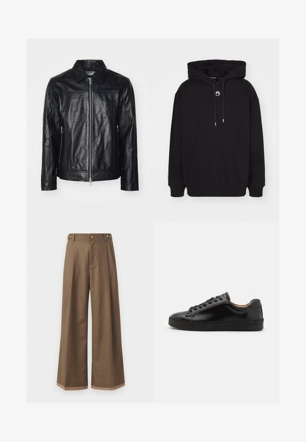 Iceberg GIUBBOTTO - Nahkjakk - nero; Mustmustidega must kapuuts, millel on ees kohandatav string, soonikkoes mansetid ja äär, ning väike ümmargune tikand detail rinnal.; Laiad sääred tumepruunides pükstes, millel on kaks küljetaskut, kaks dekoratiivset nupukest ees ja kontrastne äärise detail.; Must värvi nahast spordikingad sileda viimistlusega, ümmarguse varbaga ja mustade paeltega. Omab minimaalset brändimist kontsapooles ja kummist tallat.