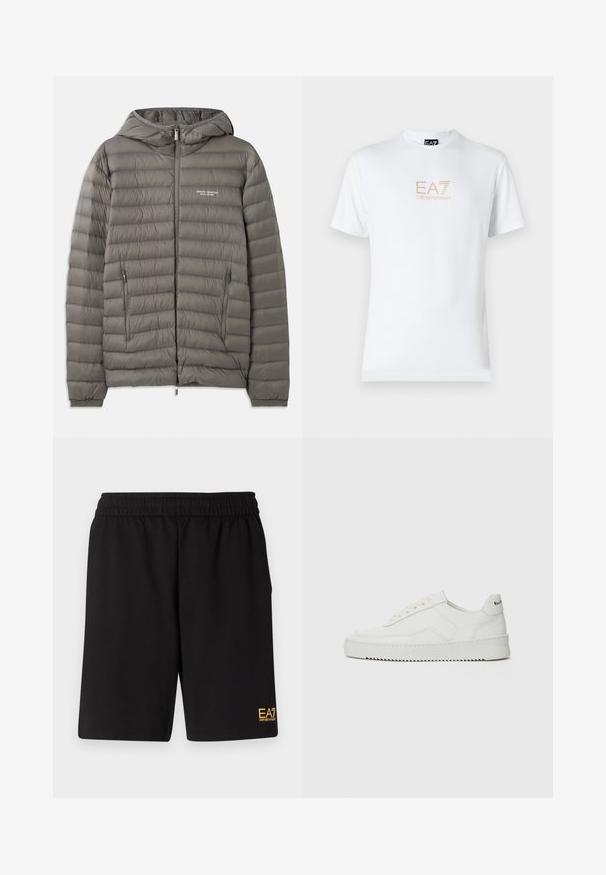 Grå pufferjakke med hette, laget av quiltet materiale. Har to glidelåslommer på siden og glidelås foran.; Hvit bomulls t-skjorte med rund hals og korte ermer, med en gullfarget EA7 Emporio Armani-logo trykket på fronten.; Sorte treningsshorts laget av mykt stoff, med elastisk midje og en liten gul EA7-logo nederst på venstre ben.; Hvite lærersneakers med en jevn overflate, rund tå, flate lisser og en teksturert såle. Har en subtil logo på hælen.