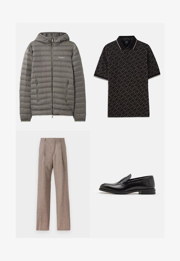 Giacca a vento grigia con cappuccio, realizzata in materiale trapuntato. Presenta due tasche laterali con zip e una chiusura frontale con zip.; Polo nero con un motivo geometrico dorato, maniche corte e colletto classico con accenti a strisce sottili.; Camicia bianca a maniche lunghe con bottoni, realizzata in cotone, caratterizzata da una tasca sul petto con ricamo tonale, colletto e polsini con bottoni.; Pantaloni marroni a vita alta realizzati in tessuto testurizzato. Presentano gambe ampie e due pieghe frontali per struttura. Rifinitura curata senza hardware visibile.; Mocassini neri in pelle con una texture liscia, punta arrotondata e una striscia decorativa sulla tomaia. Tacco basso impilato, design minimalista.