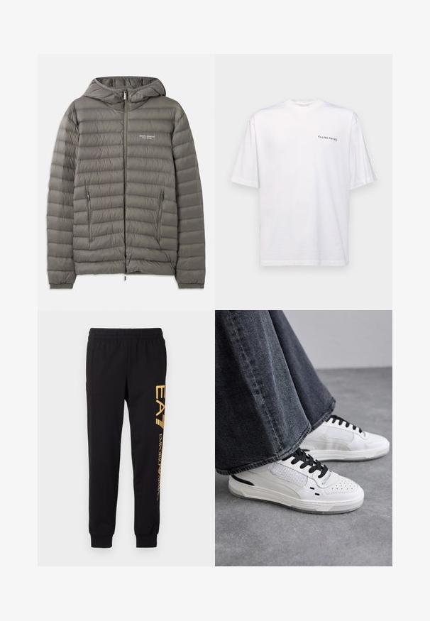 Šedá nafouknutá bunda s kapucí, vyrobená z prošívaného materiálu. Obsahuje dvě boční kapsy na zip a přední zipové zapínání.; Bílé tričko s krátkým rukávem z bavlny s výstřihem do V, na levé straně se nachází černé logo "FILLING PIECES".; Černé tepláky vyrobené z jemné látky, s elastickým páskem a zúženými kotníky. Žluté logo potisknuté vertikálně na levé nohavici.; Bílé tenisky s černými tkaničkami a síťovinou. Mají hladký kožený svršek a texturovanou gumovou podrážku. Doplňují je široké šedé džíny.