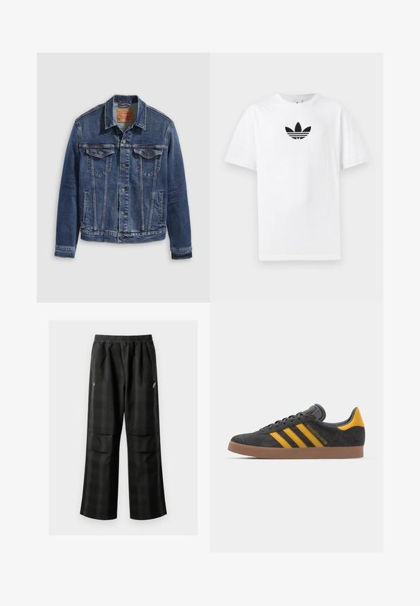 Jeans jakna v temno modri barvi s klasičnim dizajnom, opremljena z železnimi gumbi, dvema žepoma na prsih in diagonalnimi šivi spredaj.; Bela bombažna majica s črnim logojem Adidas na sredini. Kratki rokavi in oblikovanje z okrog lim. Gladka tekstura.; Črne karirane hlače z elastičnim pasom, dvema sprednjima žepoma in ohlapnim krojem s pravimi nogavicami. Narejene so iz lahke tkanine.; Črne semiš tene z rumenimi akcenti, ki vsebujejo tri trakove in rjavo gumo podplat. Vključujejo oblazinjeno jezik za udobje.