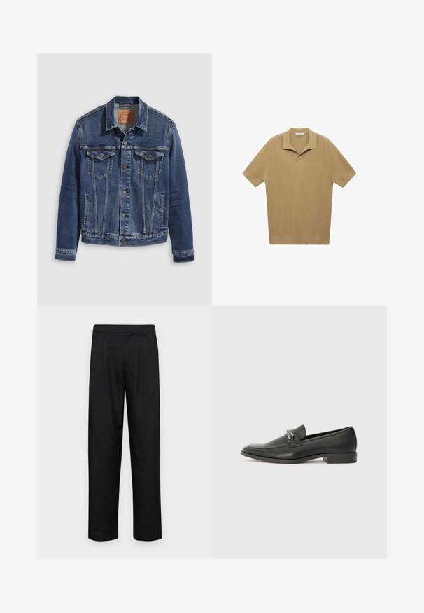 Jeansjacka i mörkblått med en klassisk design, försedd med metallknappar, två bröstfickor och diagonala sömmar fram.; Kortärmad polo skjorta i ljusbrun ribbad trikå; har en klippkrage och en rak fåll, med strukturerade linjer över hela plagget.; Svarta byxor i slät väv, med rak ben-design, två framfickor och standardmidja med bälteshällor.; Svart läderloafers med en slät yta, med en sydd design och en dekorativ metallkedjeaccent över västen. Platt häldesign.