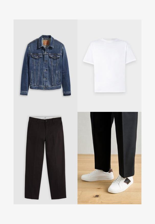 Denim jacket in dark blue with a classic design, featuring metal buttons, two chest pockets, and diagonal seams on the front.; White cotton t-shirt with a crew neck and short sleeves. Smooth texture, straight cut, no patterns or accents. Back view only.; Black straight-leg chinos with belt loops, button closure, and side pockets, displayed on a light gray background.; White sneakers with smooth texture, featuring brown leather accents and black detailing, paired with black tailored pants. Wooden floor background.