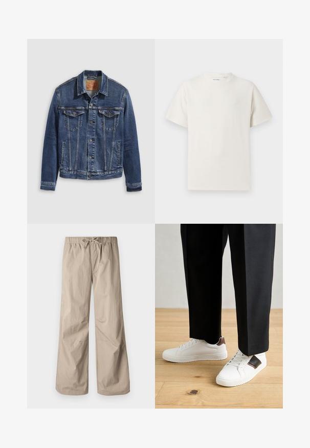 Tumesinine teksajakk klassikalise disainiga, millel on metallnupud, kaks rinna-taskut ja diagonaalsed õmblused ees.; Valge lühikeste varrukatega T-särk ribakudumises. Ümar kaelus, mugav lõige, nähtavad mustrid ega aksessuaarid puuduvad. Lihtne ja mitmekesine disain.; Beežid laiad püksid elastse vöökoha ja tõmbluku abil. Sile tekstuur, kaks küljetaskut ja minimaalsed õmblused, et tagada mugav istuvus.; Valged sneakersid siledat tekstuurist, millel on pruunad nahast detailid ja mustad aksessuaarid, millele on sobitatud mustad kohandatud püksid. Puitpõranda taust.